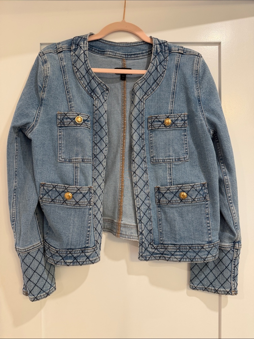 Express Light Blue Quilted-Trim Jean Denim Jacket size L